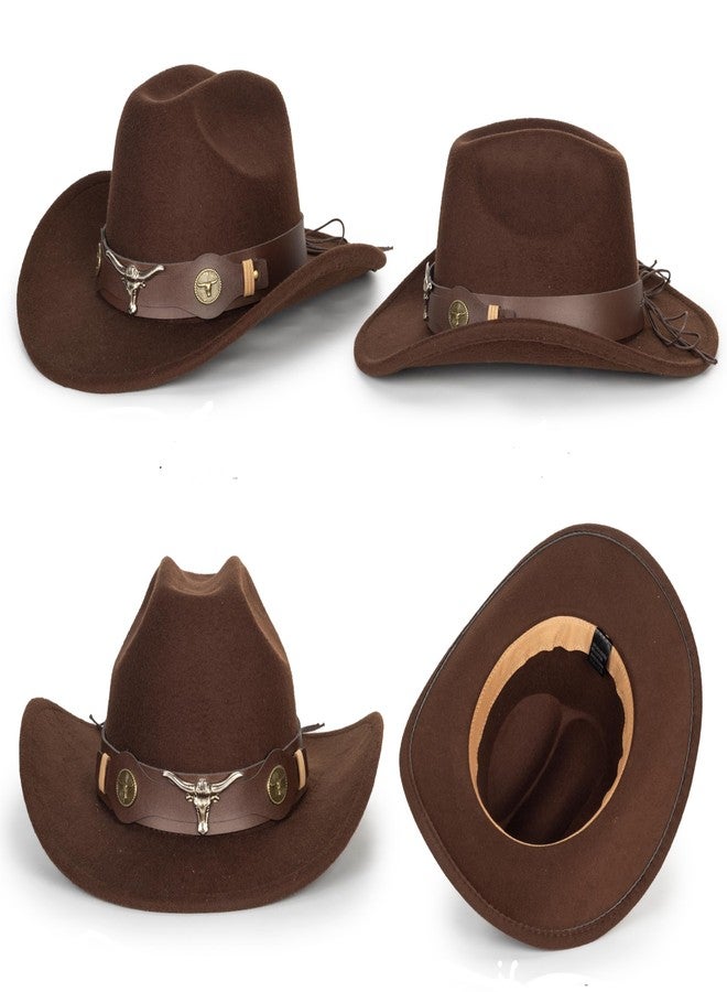 CXQRR Brown Cowboy Cowgirl Hat for Women Men Western Style Wide Brim Felt Fedora Panama Hat with Detachable Belt Buckle - Image 5